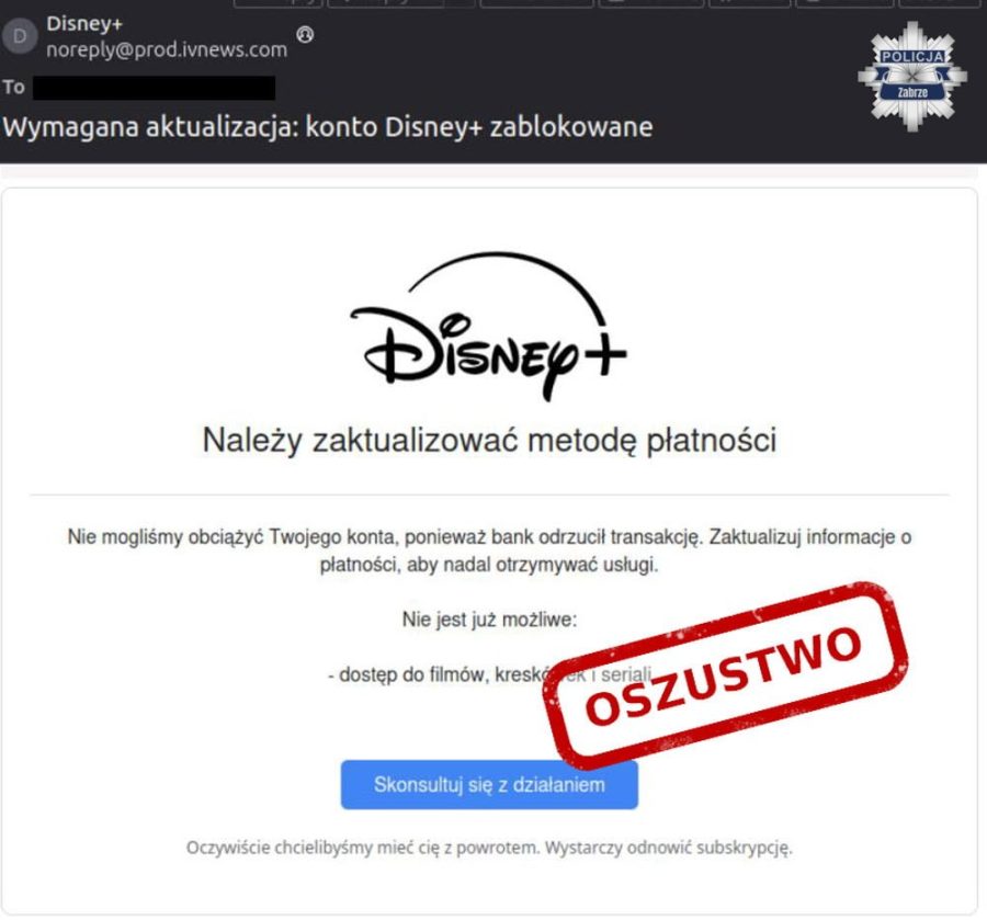 Uwaga na fałszywe maile o blokadzie konta! Policja ostrzega przed oszustami podszywającymi się pod serwisy streamingowe